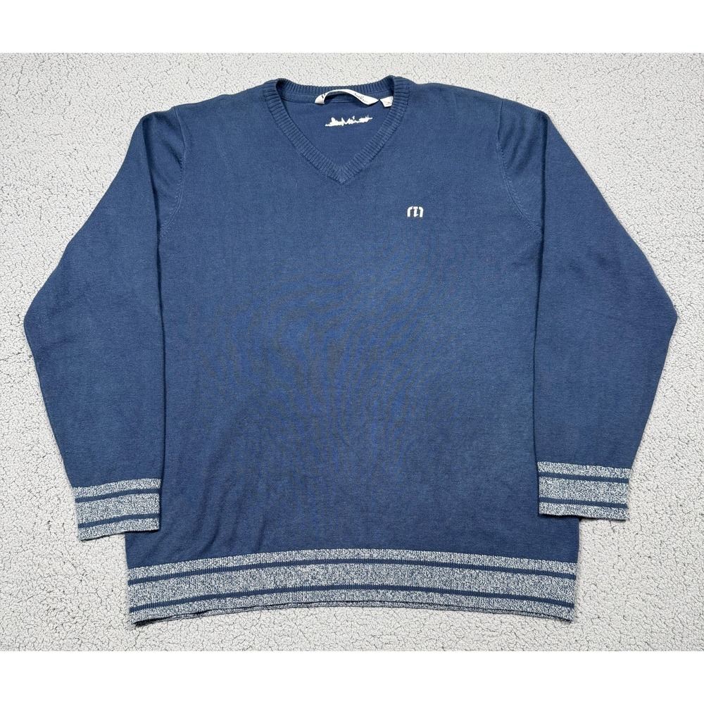 Travis Mathew Sweater Mens XL Blue V Neck‎ Knit Pullover Golf Logo Striped Trim